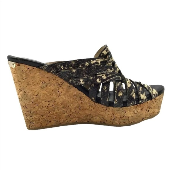 Jimmy Choo Women’s Snakeskin Embossed Leather and Cork Slide Wedge Sandals - Picture 3 of 16
